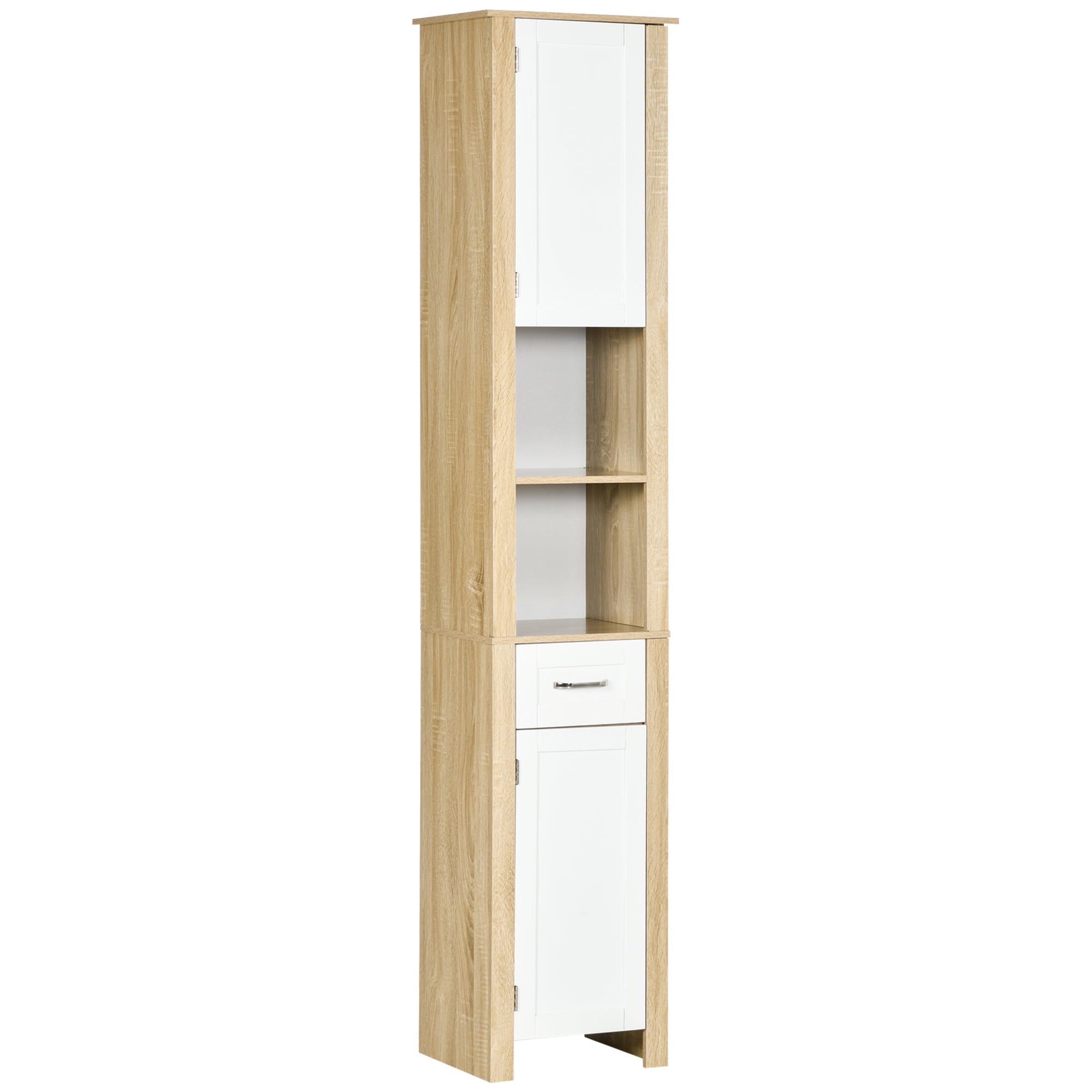 Mobile Bagno Alto 1 Cassetto 2 Armadietti 2 Ripiani 37x30x184 cm in Truciolato Bianco e Legno Naturale