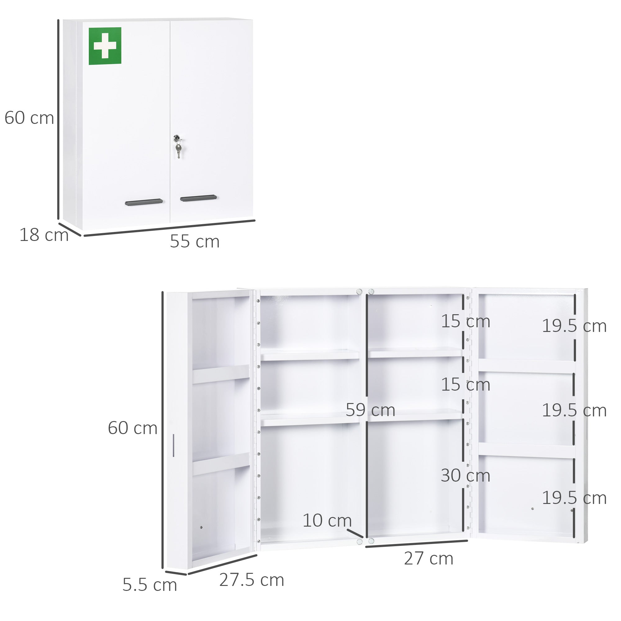 Armadietto Medicinali a 6 Ripiani con Serratura e 2 Chiavi 55x18x60 cm in Acciaio Bianco