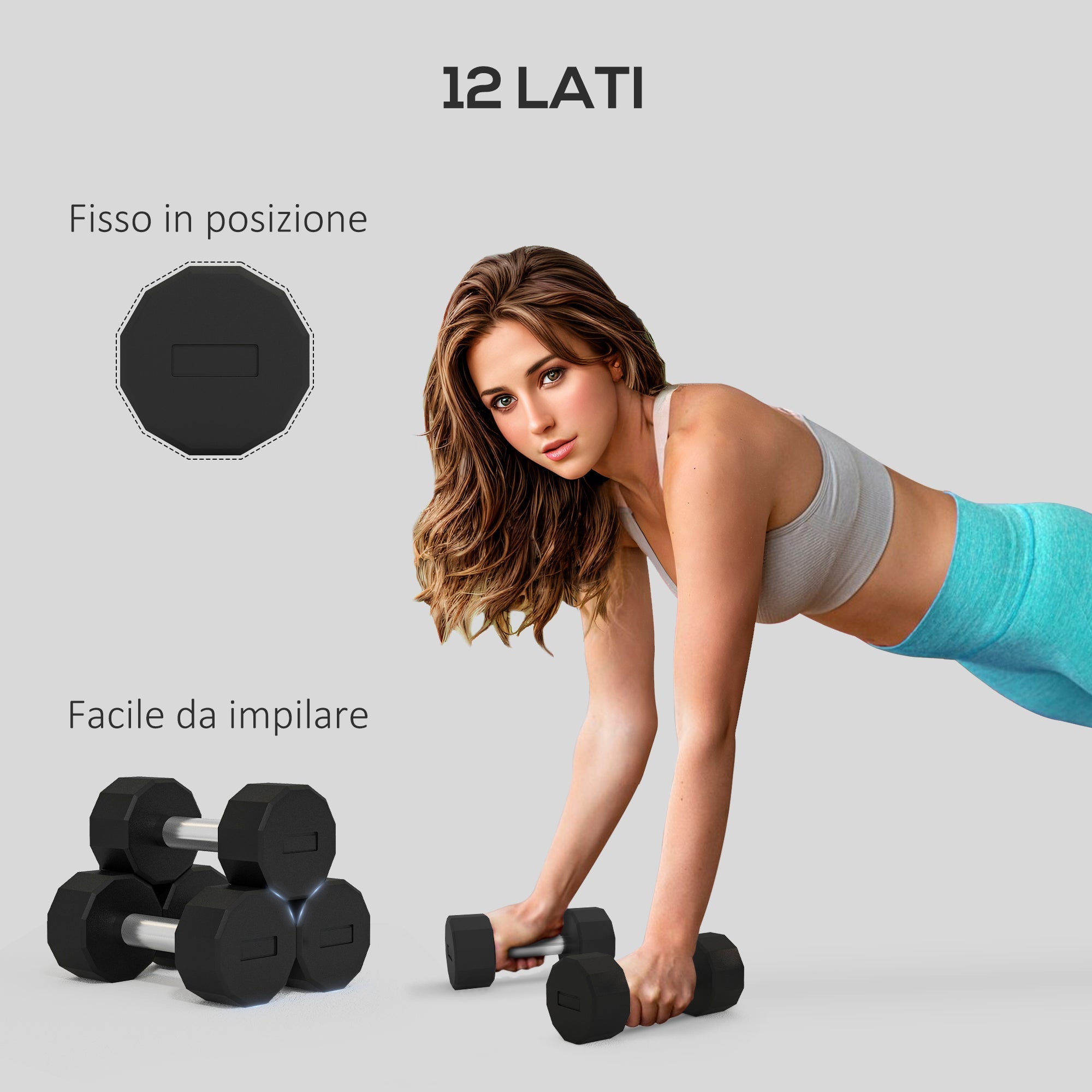 Set 2 Manubri Palestra 12 kg Pesi esagonali Manico in Acciaio Nero