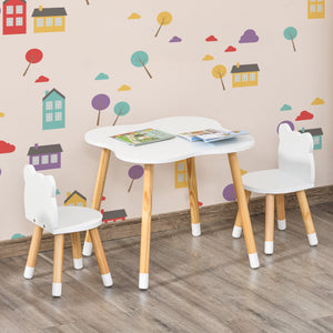 Set Tavolino con 2 Sedie per Bambini a Forma di Orsetto in Legno di Pino e MDF Bianco