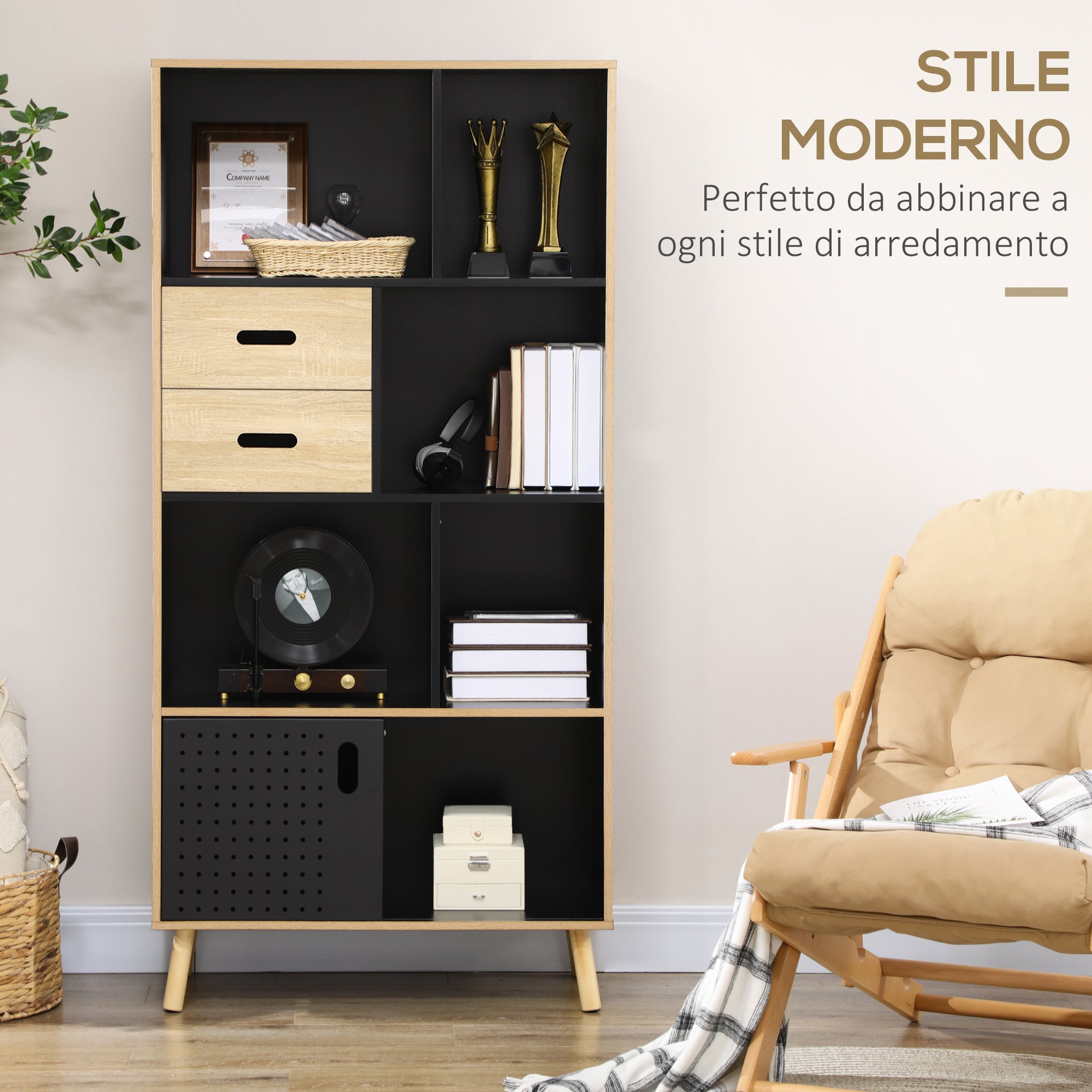 Libreria Moderna 80x40x165 cm in MDF e Truciolato Nero e Legno Naturale