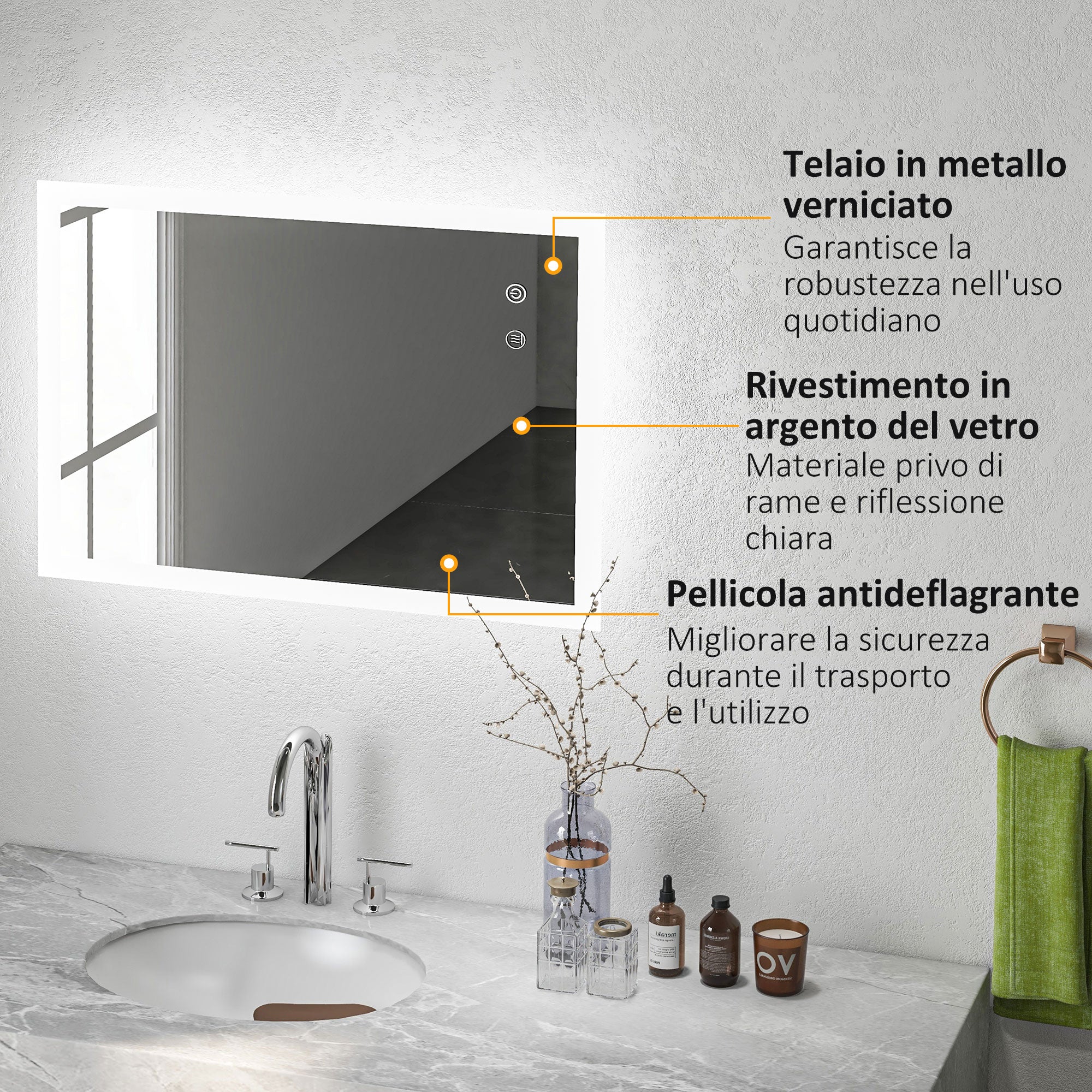 Specchio da Bagno 80x60x3 cm con LED 3 Colori Regolabili in Metallo e Vetro