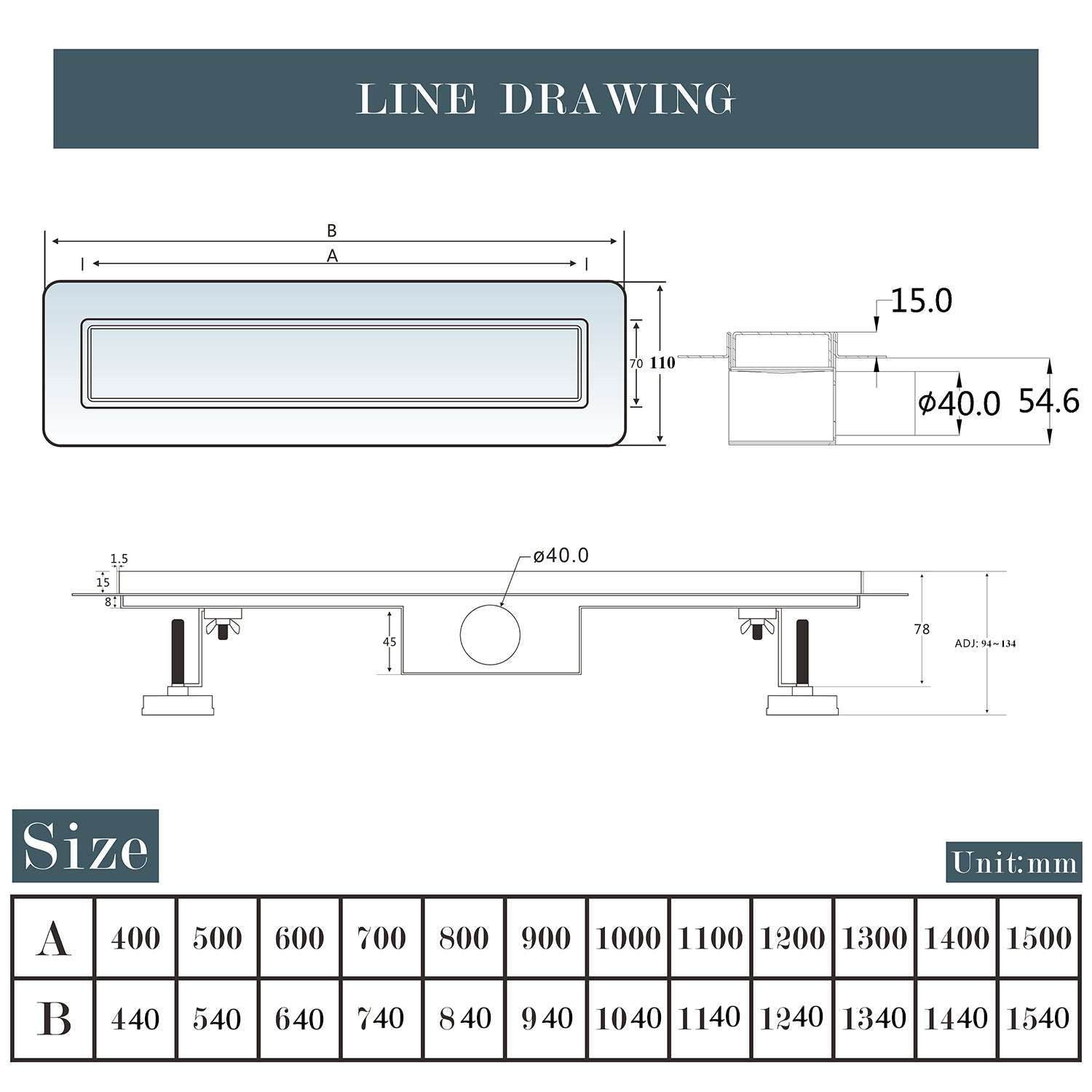 Canalina doccia a pavimento 130cm con panello piastrellabile in acciaio inox AICA ITALY scarico doccia 2-in-1 spazzolato