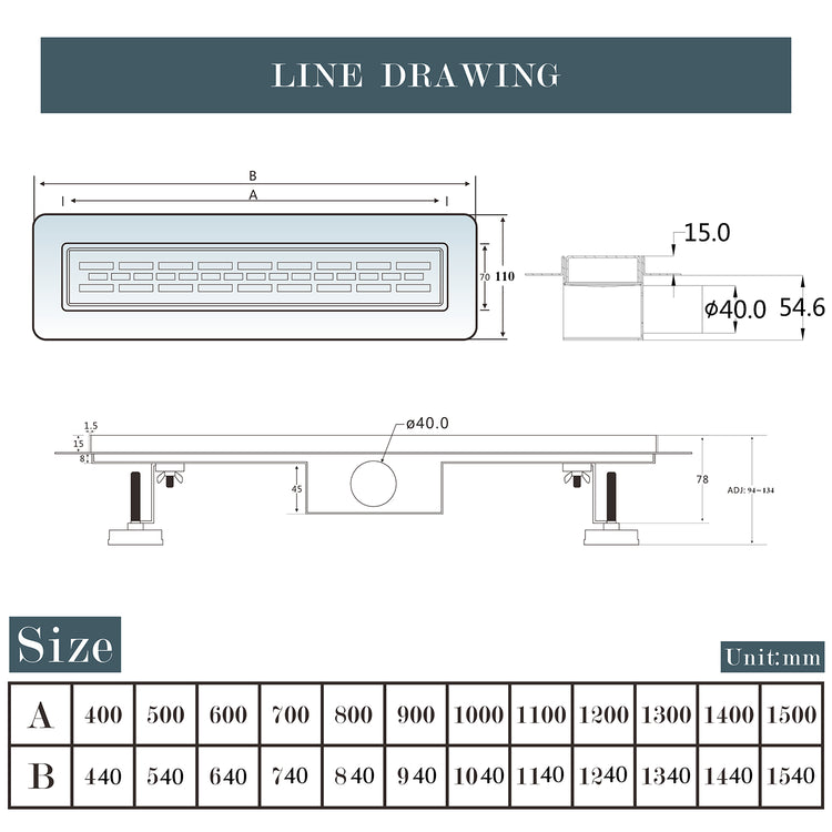 Canalina di scarico doccia in acciaio inox con griglia a righe 110cm Modello classico AICA ITALY