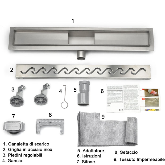 Canalina di scarico doccia in acciaio inox con griglia a onde 60cm Modello elegante AICA ITALY