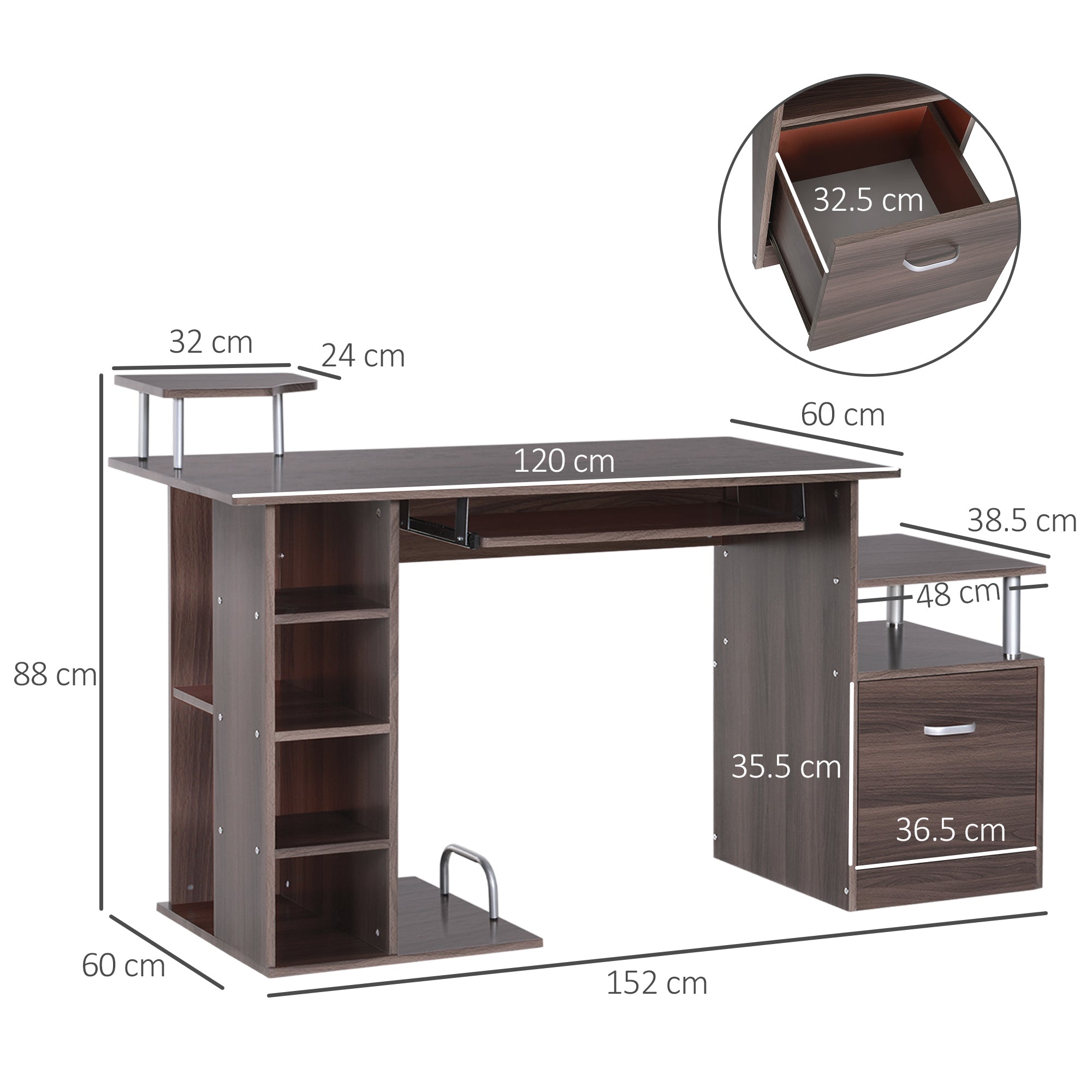 EasyComfort Scrivania per Computer da Camera e Ufficio con Cassetto e Scaffale in Legno, 152x60x88cm, Marrone