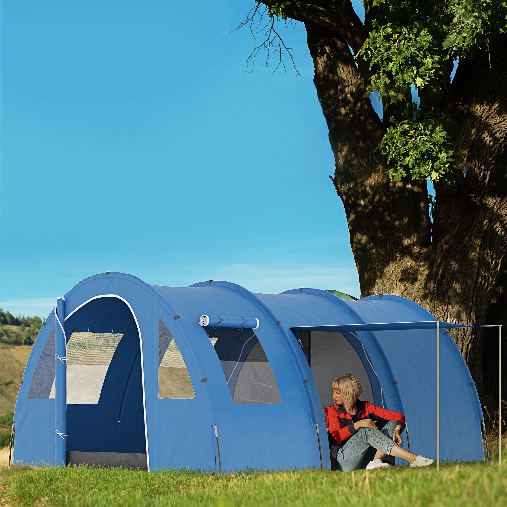 Easycomfort Tenda da Campeggio per 5-6 Persone con 2 Porte, Finestre e Tasche Portaoggetti, 475x315x215 cm, Blu