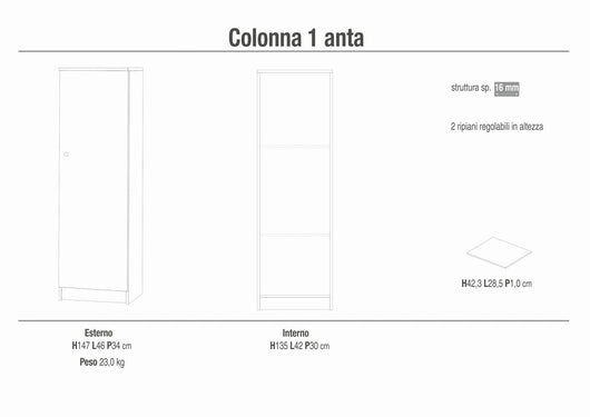 Armadio colonna mobile 1 anta 46x34x147H cm in kit di montaggio colore Eucalipto