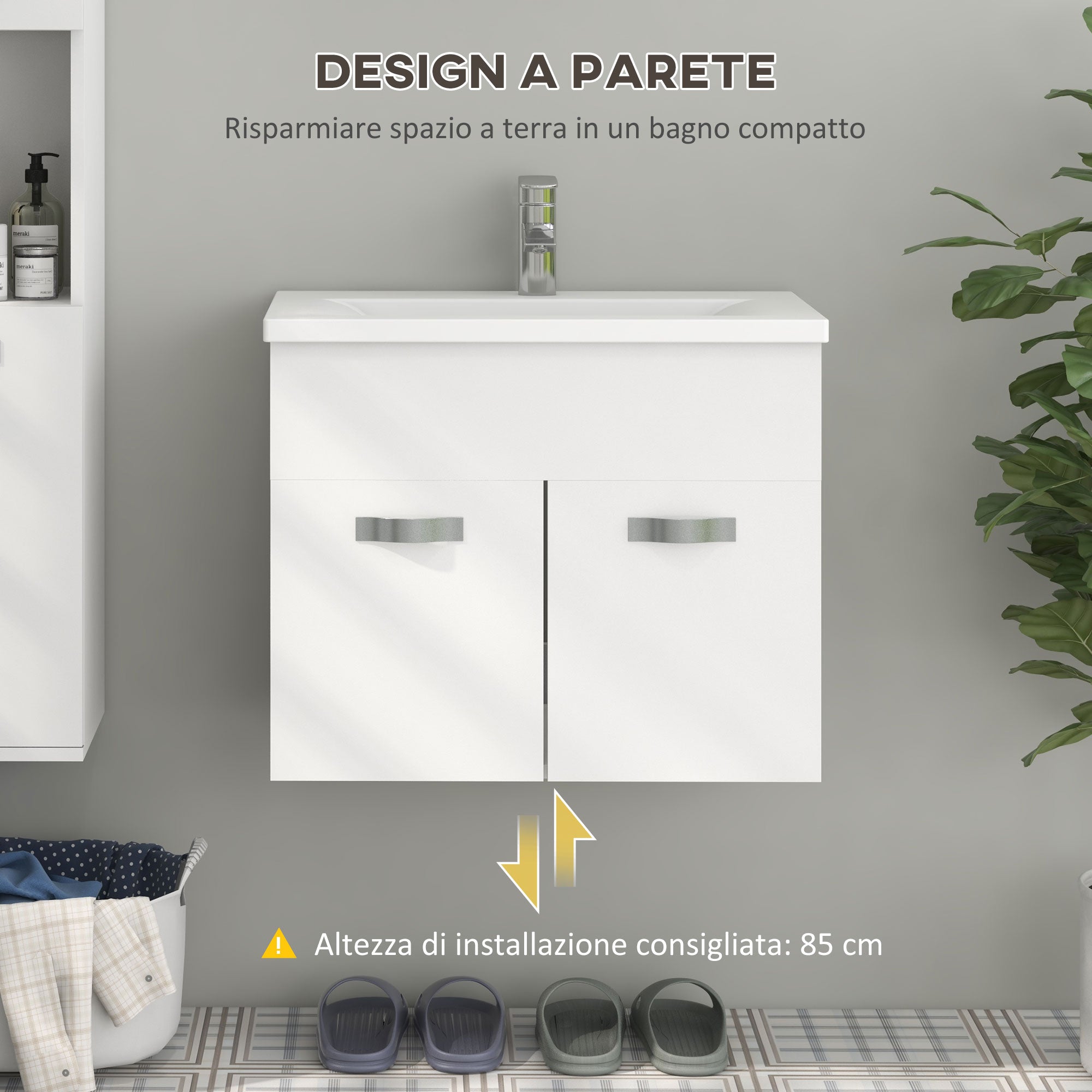 Mobile da Bagno Sospeso con Lavabo in Ceramica 61x40x50 cm Bianco Lucido