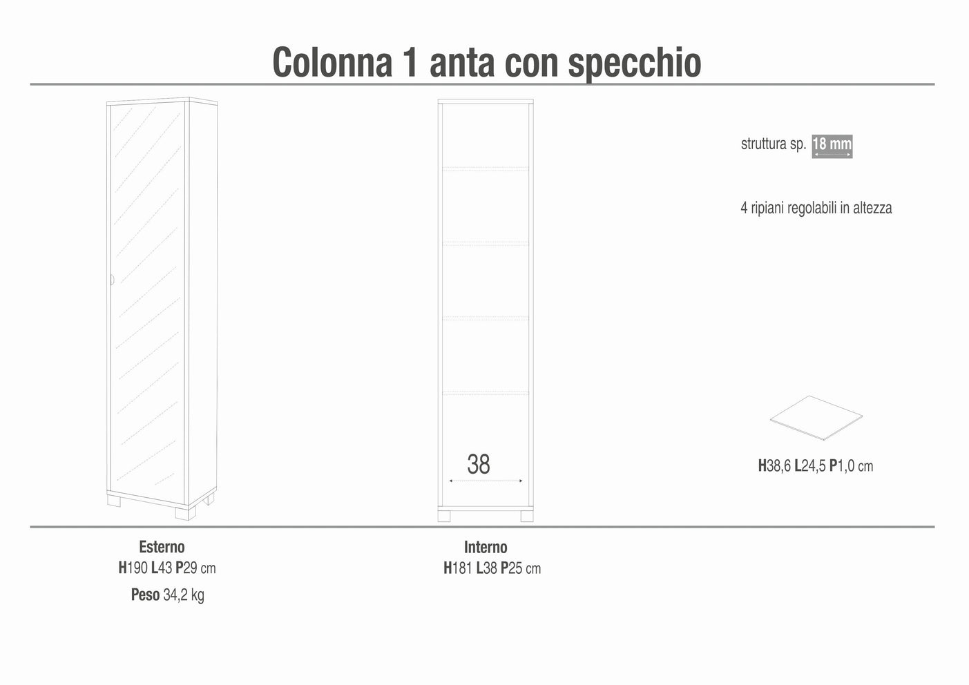 Mobile colonna portaoggetti con 1 anta specchio 43x29x190H cm in kit colore Olmo chiaro