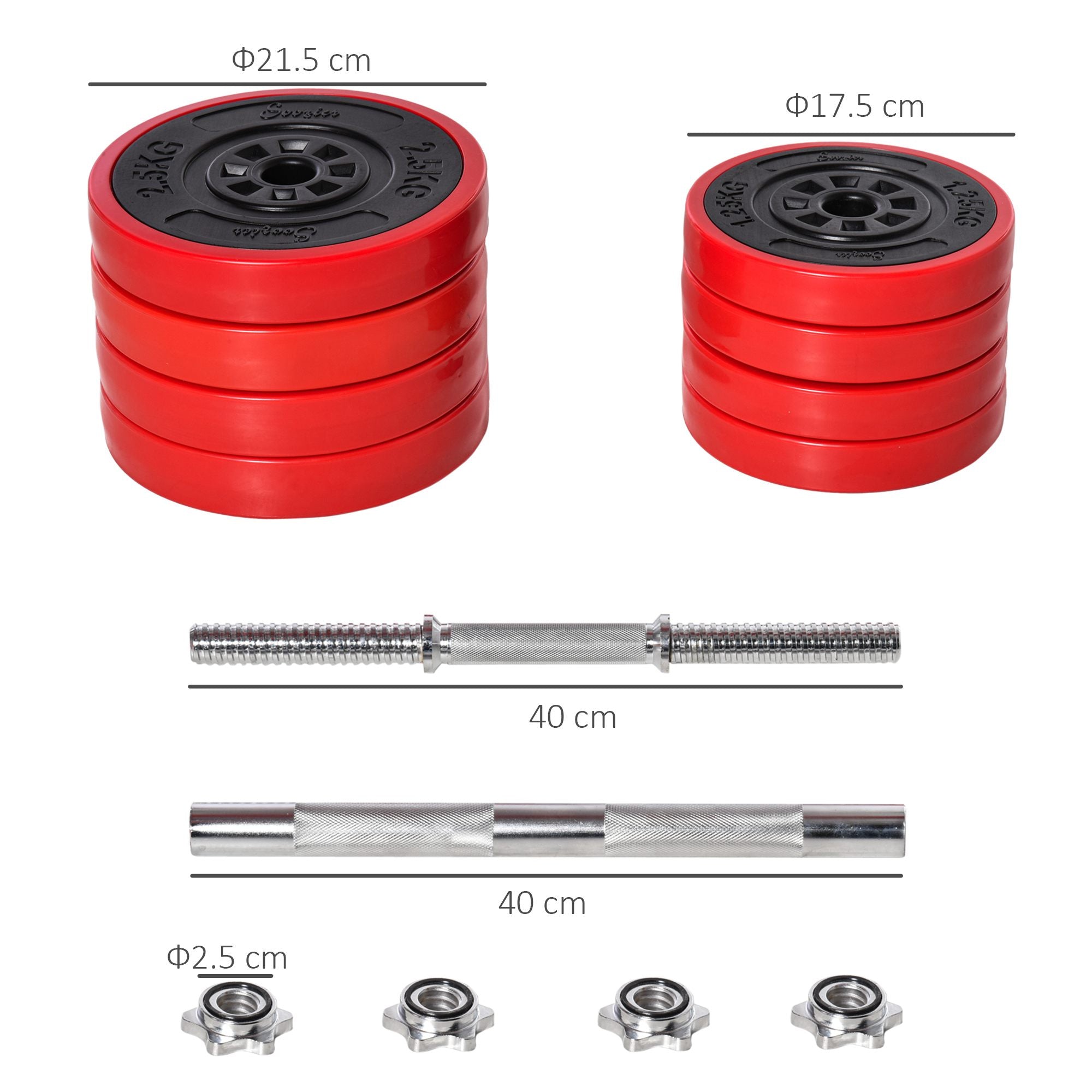 Set Bilanciere 2 Manubri 8 Dischi 15 kg Rivestimento in Plastica Rosso e Nero