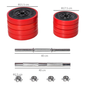 Set Bilanciere 2 Manubri 8 Dischi 15 kg Rivestimento in Plastica Rosso e Nero