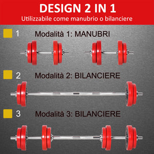 Set Bilanciere 2 Manubri 8 Dischi 15 kg Rivestimento in Plastica Rosso e Nero