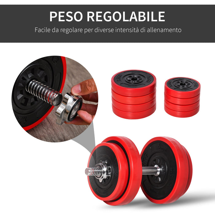 Set Bilanciere 2 Manubri 8 Dischi 15 kg Rivestimento in Plastica Rosso e Nero