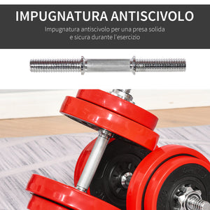 Set Bilanciere 2 Manubri 8 Dischi 15 kg Rivestimento in Plastica Rosso e Nero