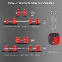 Set Bilanciere 2 Manubri 8 Dischi 15 kg Rivestimento in Plastica Rosso e Nero