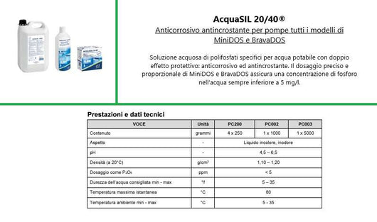 Acquasil 20/40 tanica 5 kg anticorrosivo ed antincrostante pompe minidos e bravodos PC003 acquabrevetti