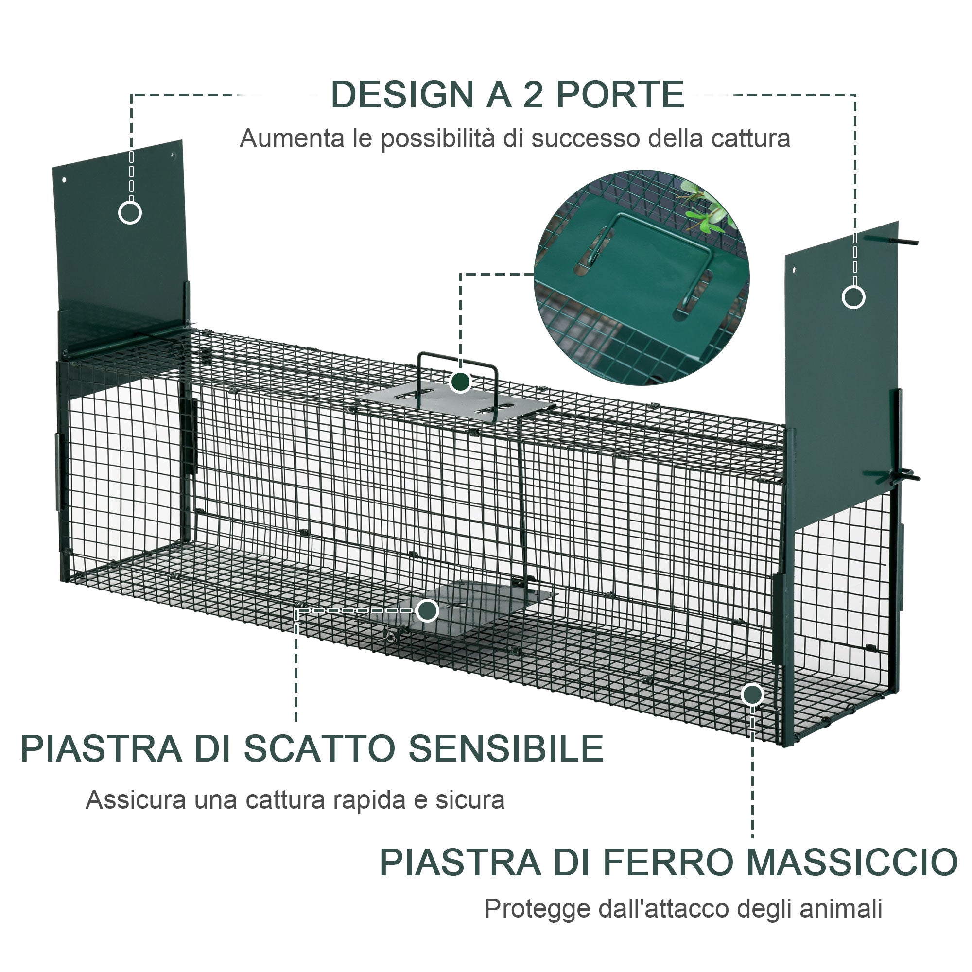 Gabbia Trappola per Animali Vivi 100x25x28 cm Doppia Porta in Ferro Verde scuro