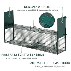 Gabbia Trappola per Animali Vivi 100x25x28 cm Doppia Porta in Ferro Verde scuro