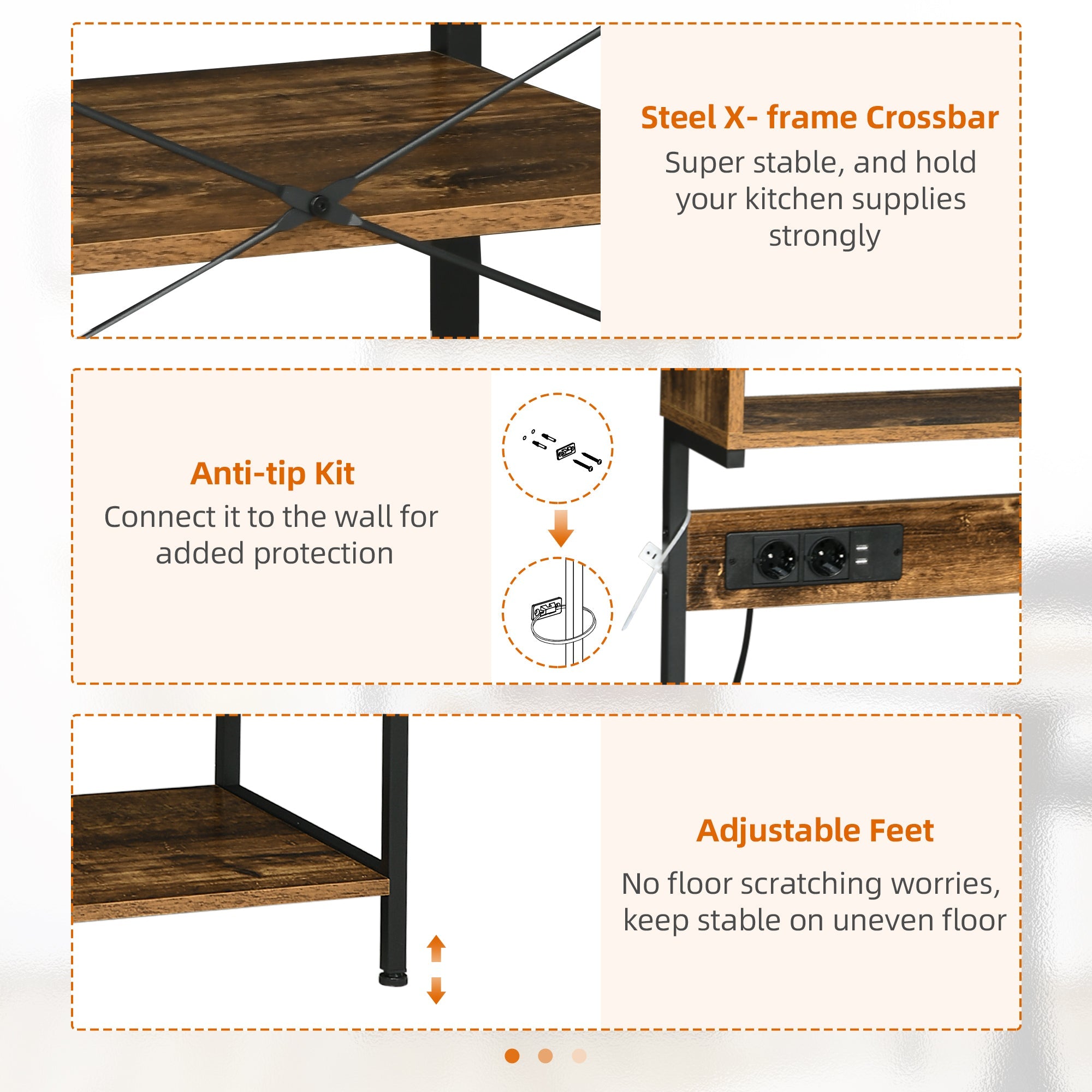 Scaffale Cucina con Multopresa 60x42x153 cm in Legno e Acciaio Marrone Rustico