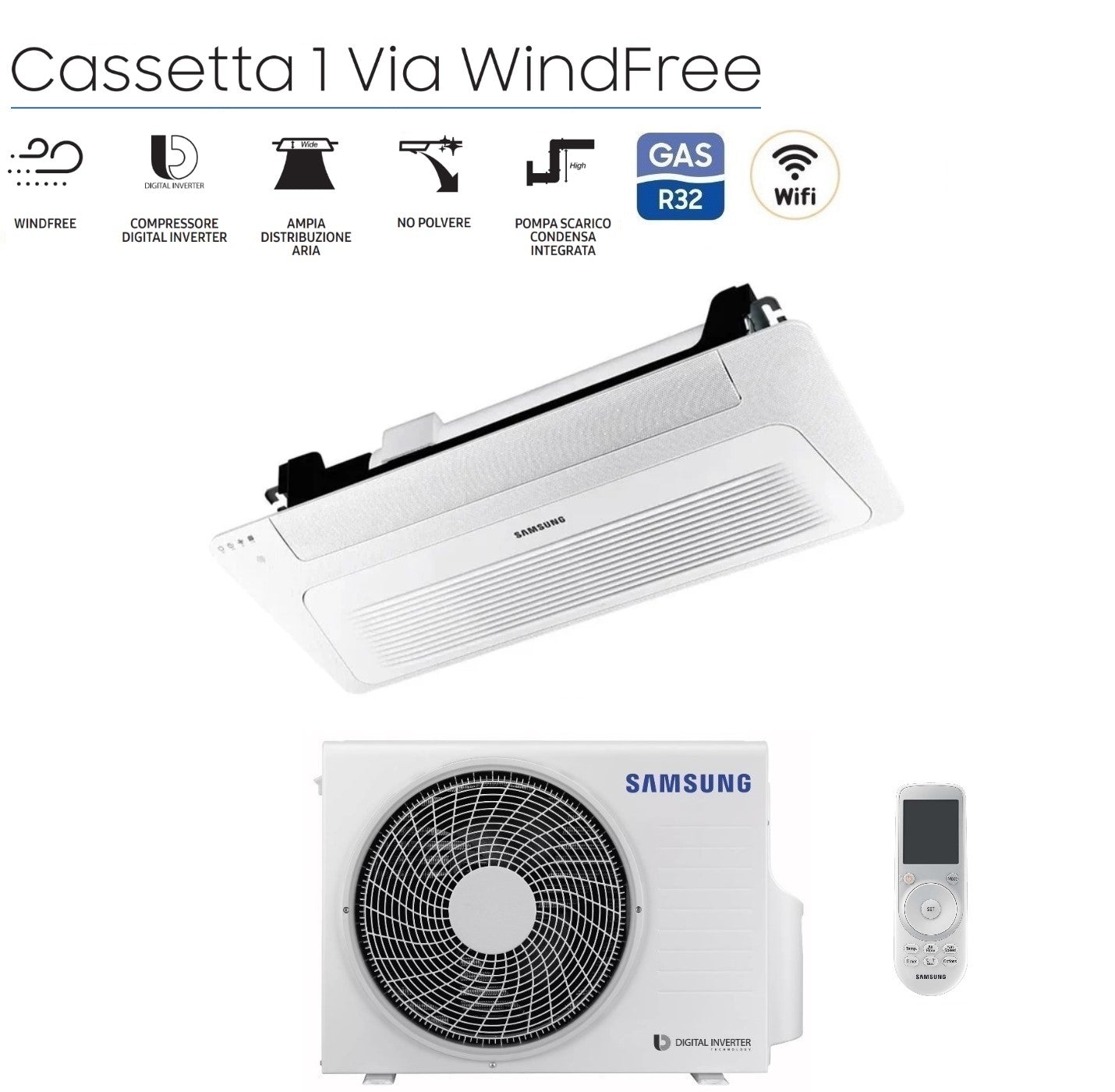 Climatizzatore Condizionatore Samsung Cassetta WindFree 1 Via Slim 12000 Btu AC035RN1DKG R-32 Wi-Fi Optional con Pannello e Telecomando Incluso