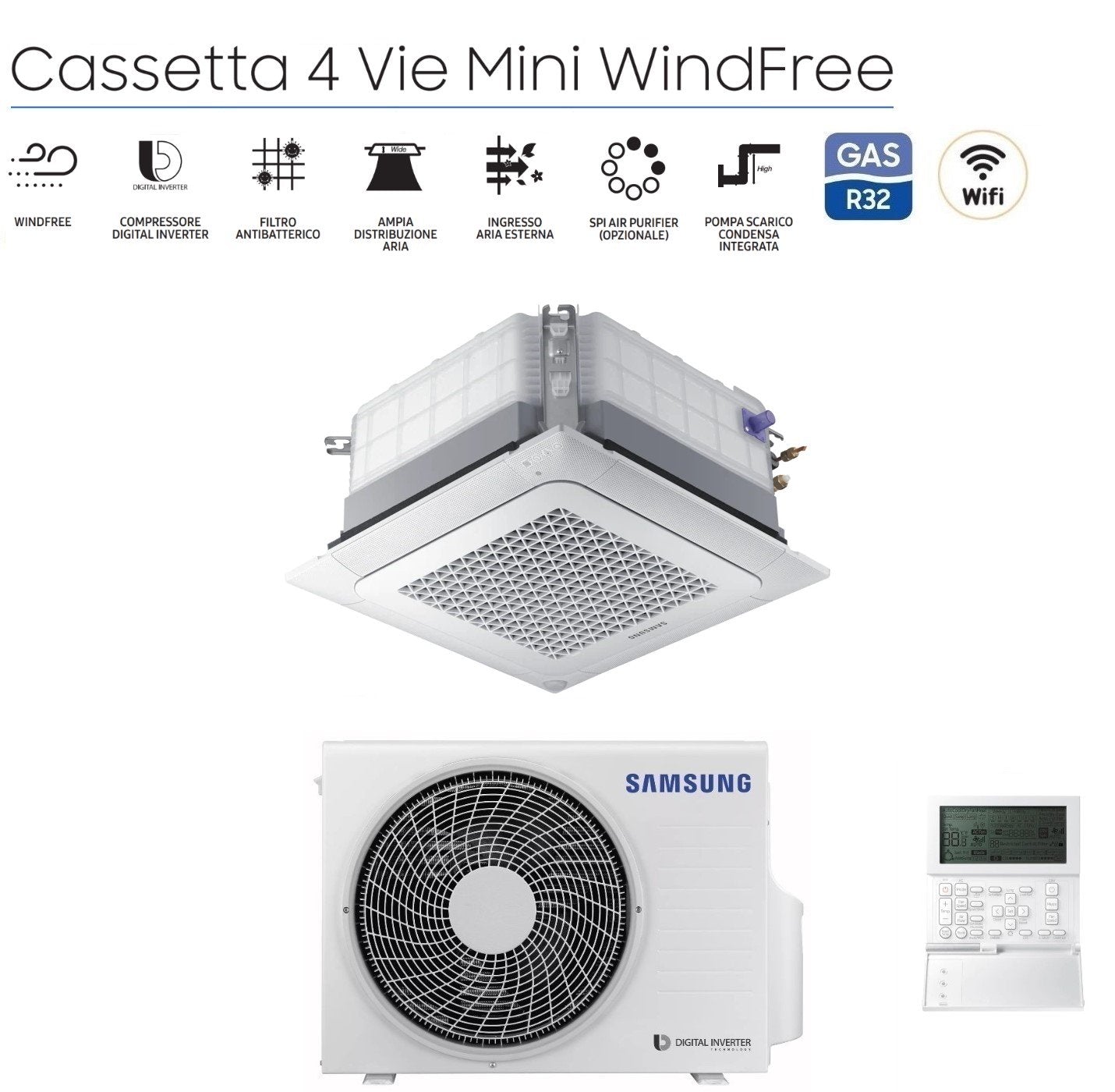 Climatizzatore Condizionatore Inverter Samsung Cassetta 4 Vie Mini Windfree 24000 btu R-32 AC071RNNDKG con pannello e comando a filo - NOVITA'