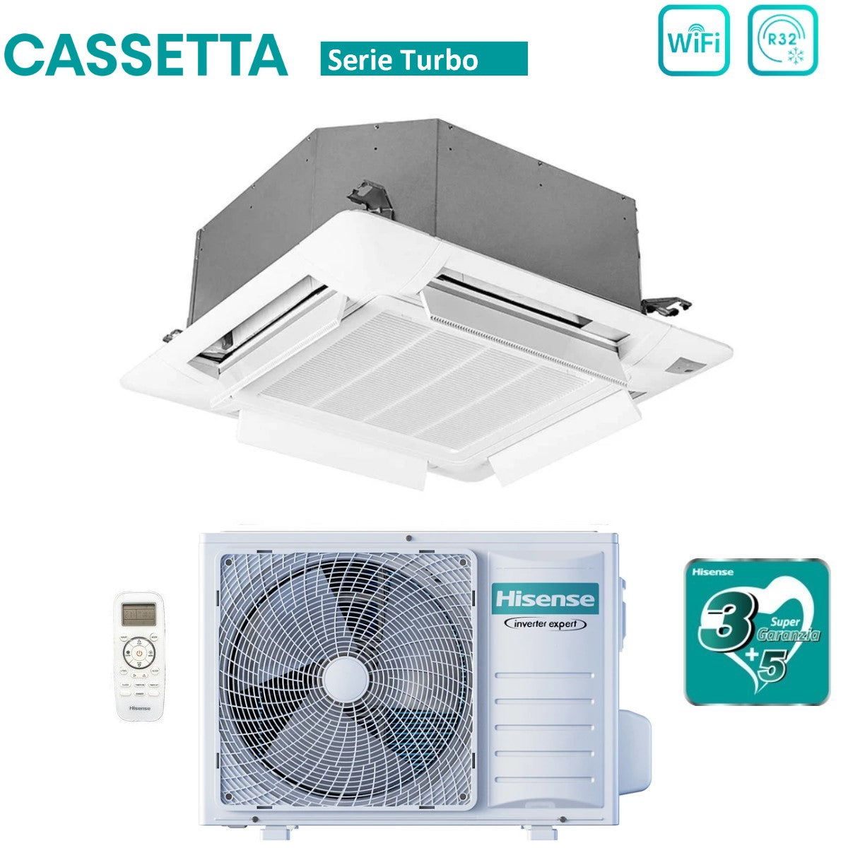 Climatizzatore Condizionatore Hisense Inverter a Cassetta serie TURBO 12000 Btu ACT35UR4RCC8 + AUW35U4RS8 R-32 Wi-Fi Optional Classe A++/A+ con Telecomando e Pannello Incluso