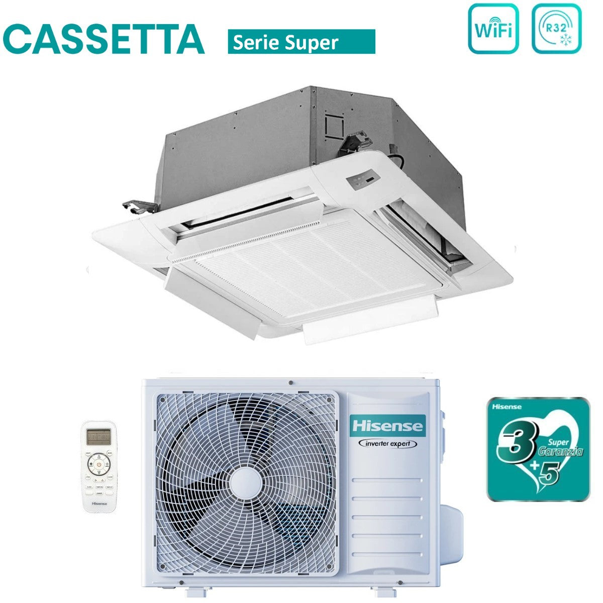 Climatizzatore Condizionatore Hisense Inverter a Cassetta serie SUPER 18000 Btu ACT52UR4RCC8 + AUW52U4RS7 R-32 Wi-Fi Optional Classe A++/A+ con Telecomando e Pannello Incluso