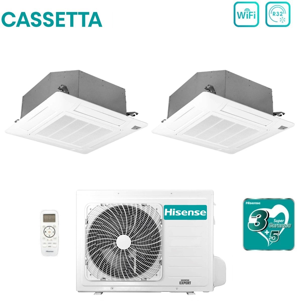 Climatizzatore Condizionatore Hisense Dual Split Inverter a Cassetta 12+12 con 2AMW52U4RXC R-32 Wi-Fi Optional 12000+12000 con Telecomando e Pannello Incluso