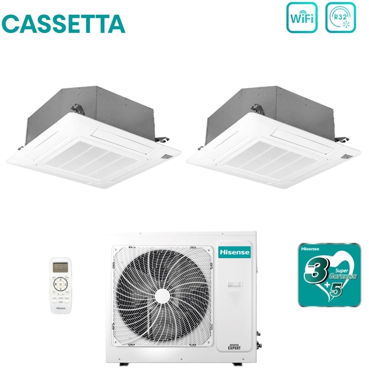 Climatizzatore Condizionatore Hisense Dual Split a Cassetta 12+12 con 3AMW72U4RFA R-32 Wi-Fi Optional 12000+12000 con Telecomando e Pannello Incluso - Novità