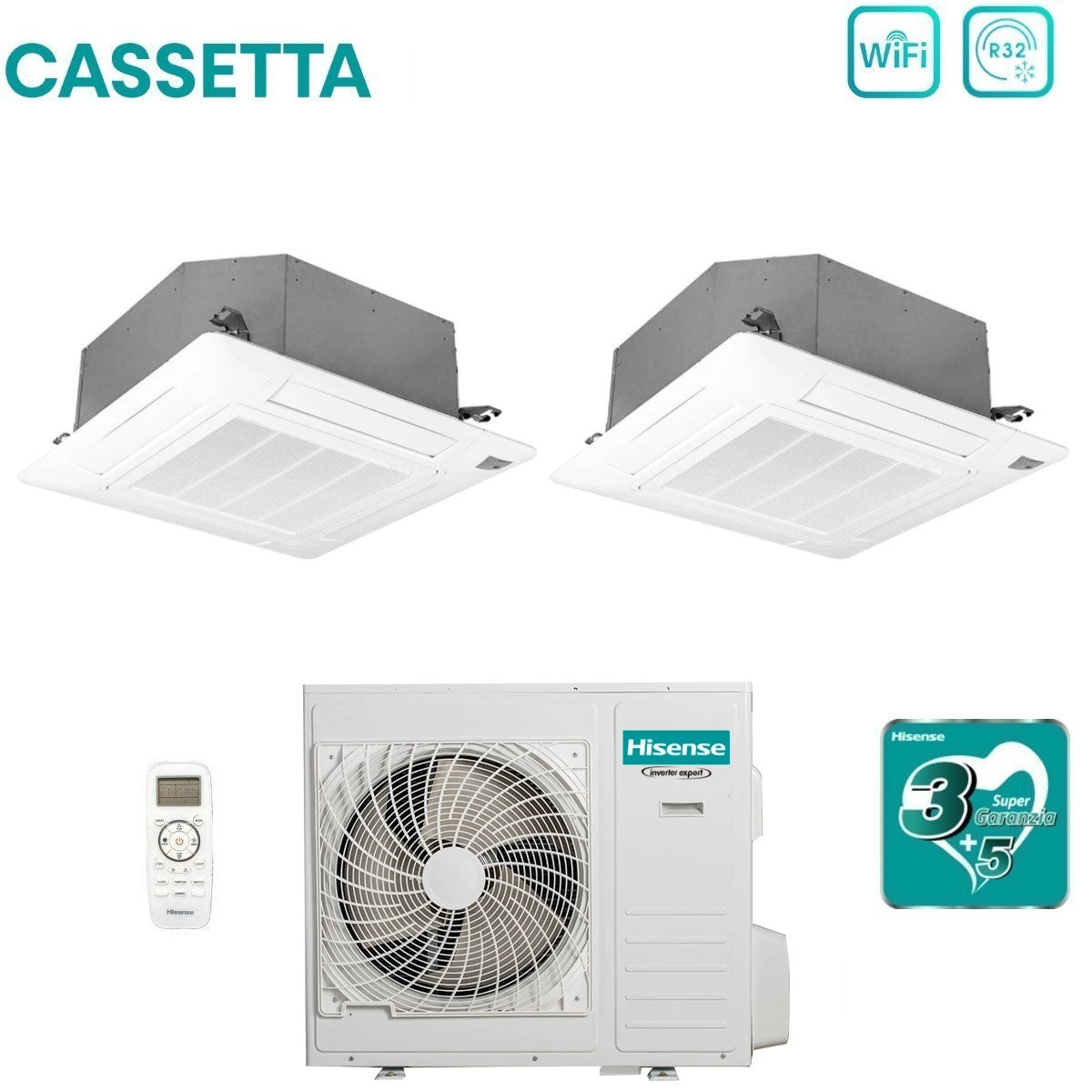 Climatizzatore Condizionatore Hisense Dual Split a Cassetta 12+18 con 4AMW81U4RAA R-32 Wi-Fi Optional 12000+18000 con Telecomando e Pannello Incluso - Novità