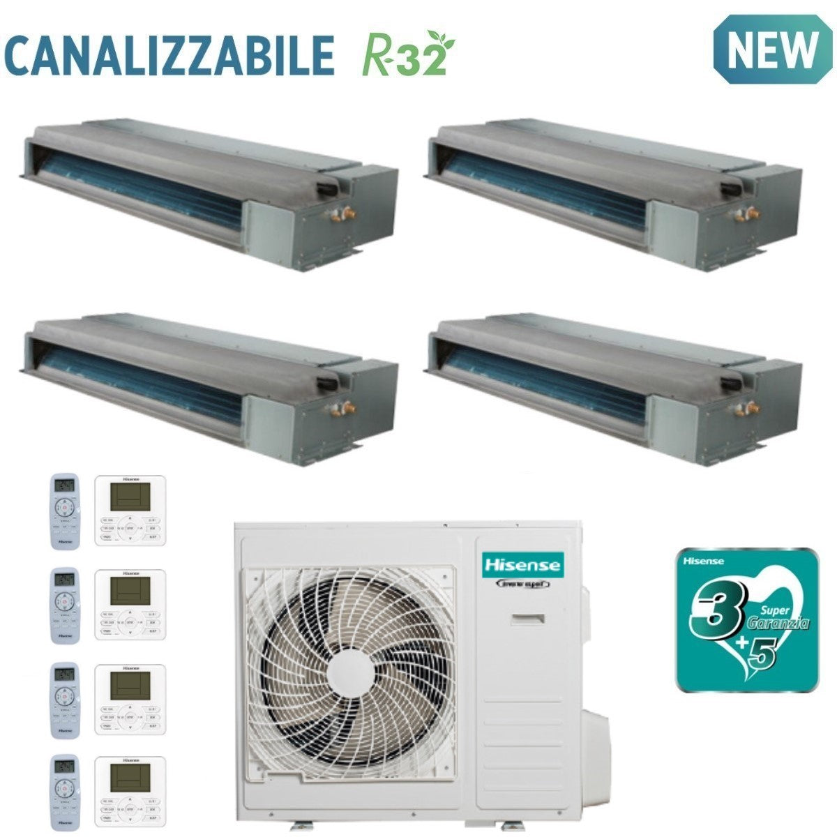 Climatizzatore Condizionatore Hisense Quadri Split Inverter Canalizzato Canalizzabile 9+9+9+12 con 4AMW81U4RAA R-32 Wi-Fi Optional 9000+9000+9000+12000 Con Telecomando di Serie e Cablato Incluso