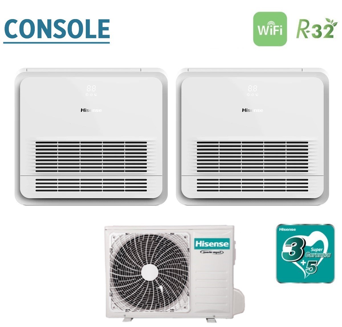 Climatizzatore Condizionatore Hisense Dual Split Console 12+12 con 3AMW62U4RJC R-32 Wi-Fi Optional Telecomando di Serie Incluso 12000+12000