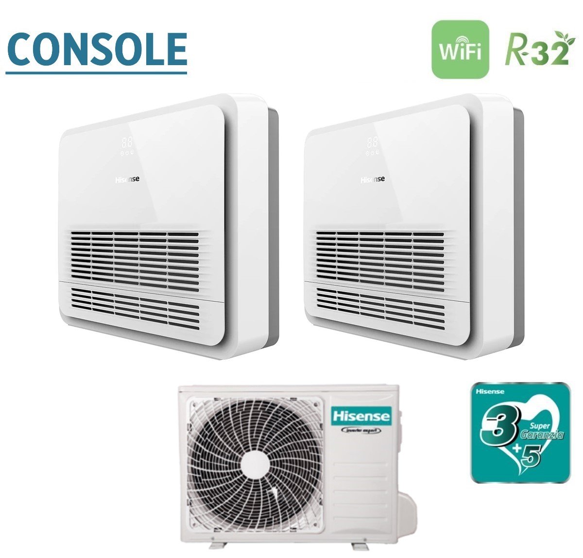 Climatizzatore Condizionatore Hisense Dual Split Console 12+12 con 3AMW62U4RJC R-32 Wi-Fi Optional Telecomando di Serie Incluso 12000+12000