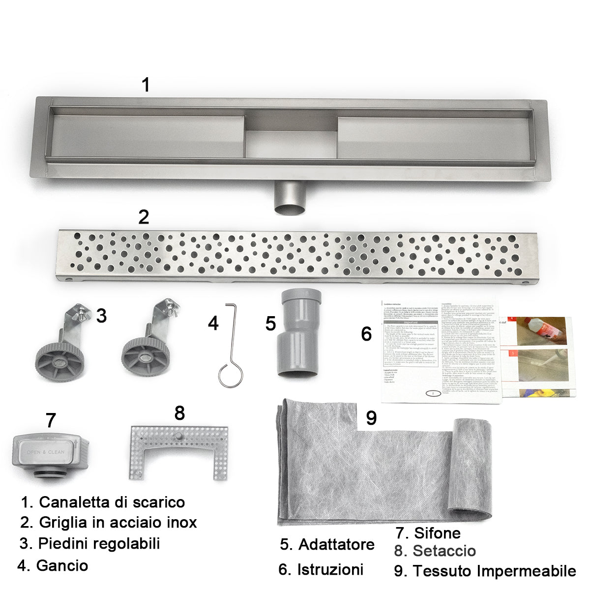 Canalina di scarico doccia in acciaio inox con griglia a bolle 70cm Modello moderno AICA ITALY