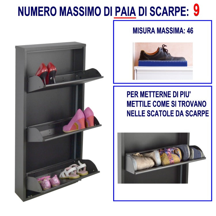 Scarpiera SalvaSpazio Slim a 3 Ante NERA|L'Originale |15x50x104 cm | 6/9 PAIA di scarpe | Nente da montare