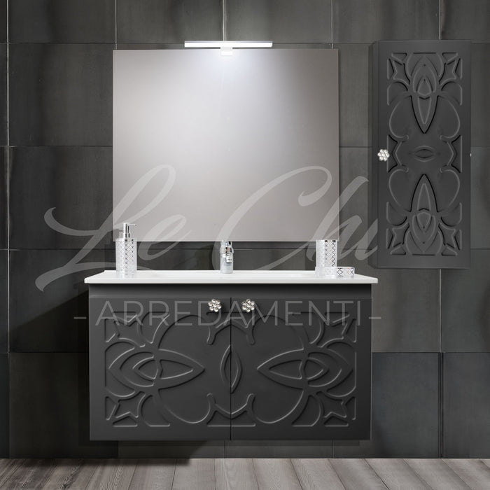 Mobile bagno nero sospeso stile Luxury con colonna - 100 cm, Rettangolare con applique