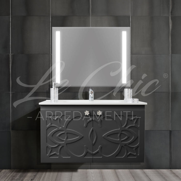 Mobile bagno sospeso stile Luxury NERO - 120 cm, Specchiera led rotonda