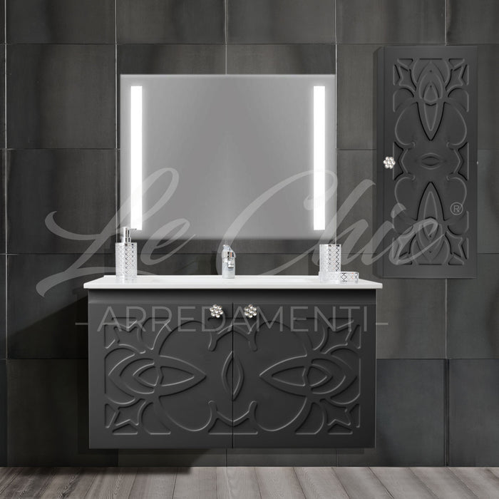 Mobile bagno nero sospeso stile Luxury con colonna - 100 cm, Rettangolare con applique