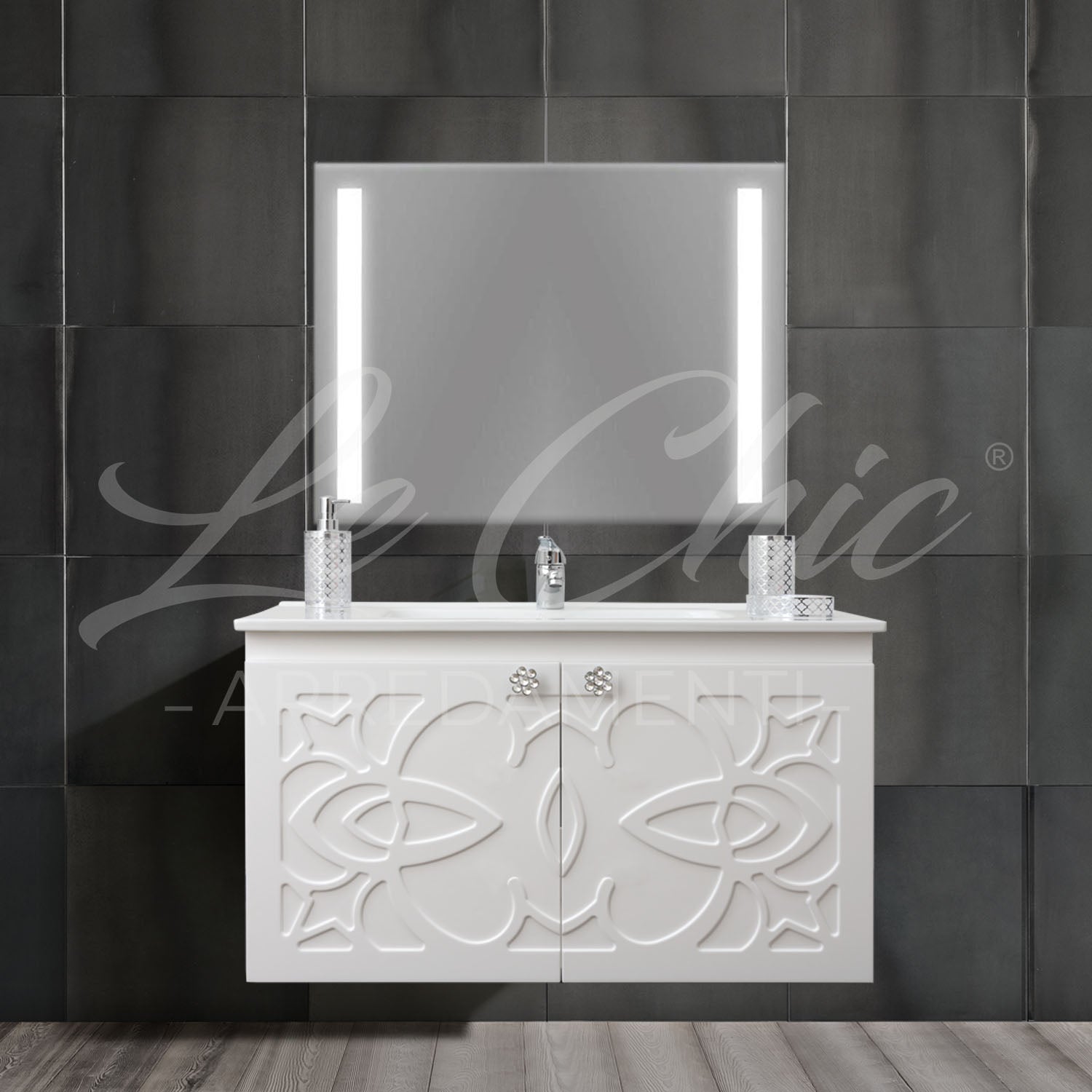 Mobile bagno moderno completo - 120 cm, Specchiera rotonda Led