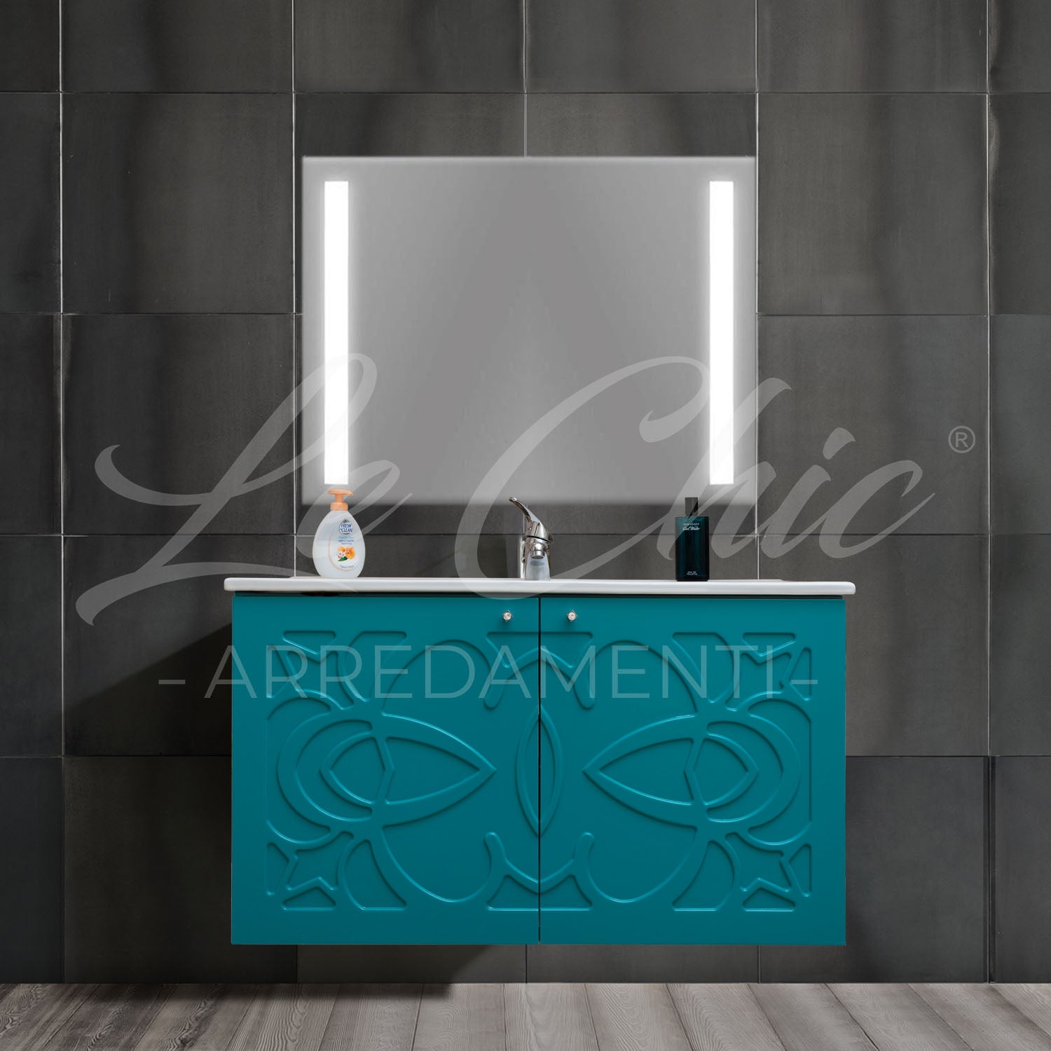 Mobile moderno sospeso Luxury verde smeraldo - 120 cm, Specchiera led rettangolare