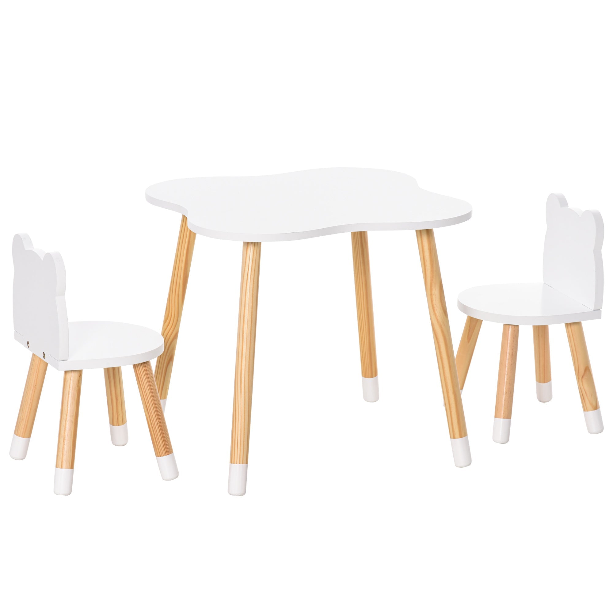 Set Tavolino con 2 Sedie per Bambini a Forma di Orsetto in Legno di Pino e MDF Bianco