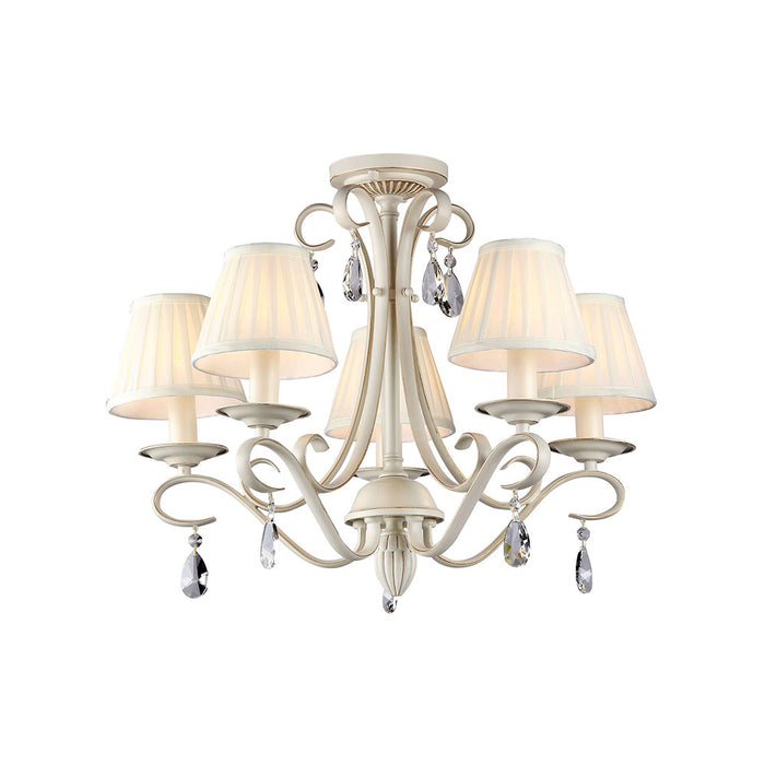 Lampadario Shabby Chic Brionia Metallo Beige 5 Luci Diffusori Vetro Bianchi