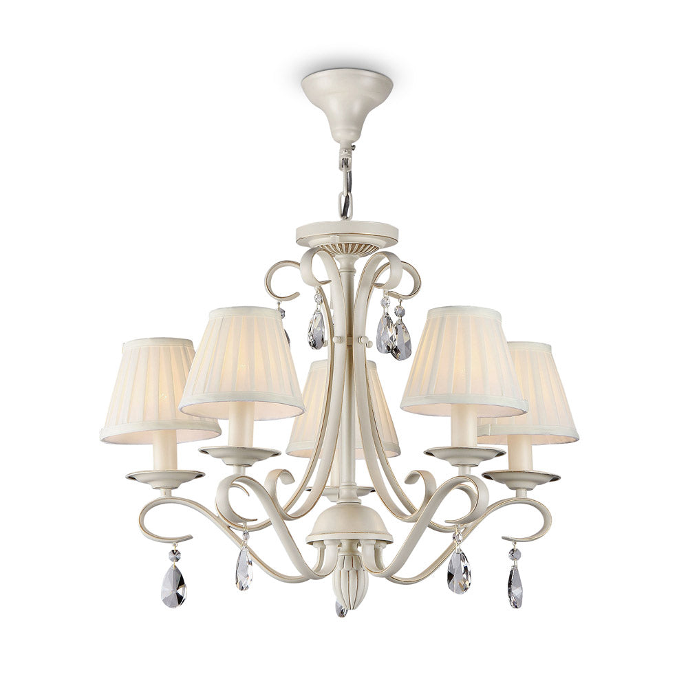 Lampadario Shabby Chic Brionia Metallo Beige 5 Luci Diffusori Vetro Bianchi