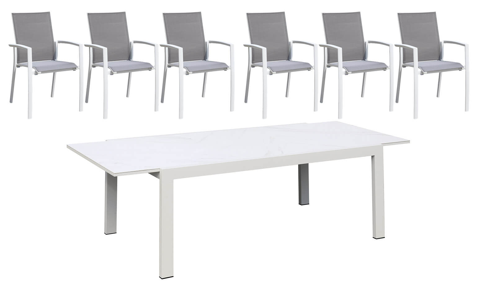 Set Tavolo Allungabile e 6 Sedie da Giardino in Alluminio e Textilene Bianco