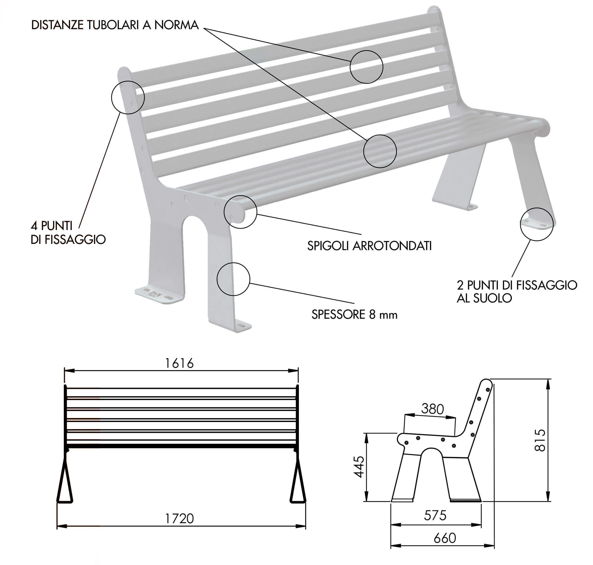 Panchina 3 Posti da Esterno 172x66x81,5 cm in Acciaio Zincato con Schienale Grigio Chiaro e Marrone