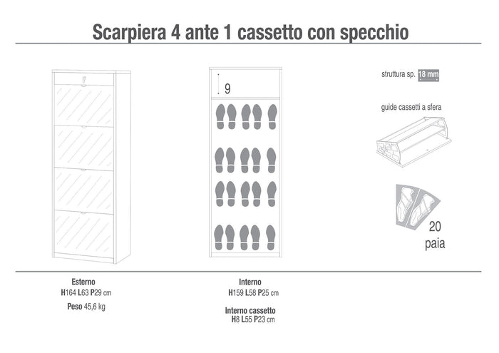 Scarpiera 4 Ante con Specchio 1 Cassetto 63x164x29 cm Bianco Fiammato