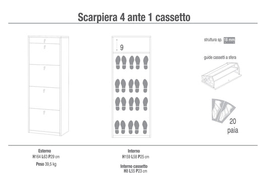 Scarpiera 4 Ante 1 Cassetto 63x164x29 cm Ossido Bianco