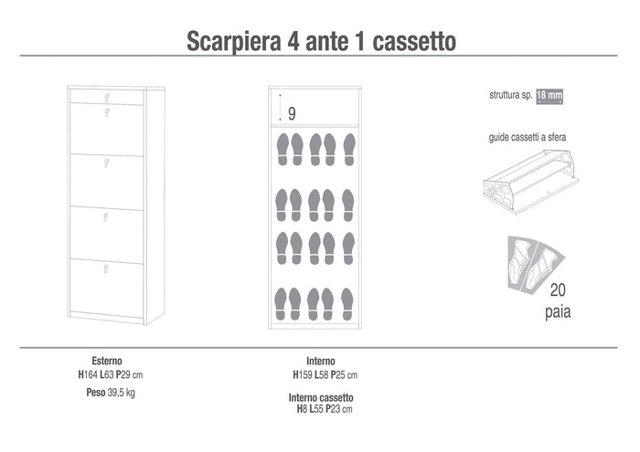 Scarpiera 4 Ante 1 Cassetto 63x164x29 cm Ossido Bianco