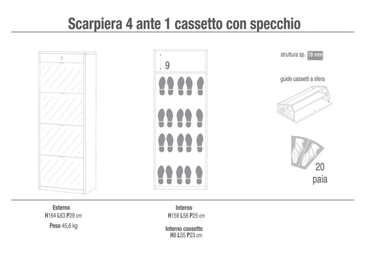 Scarpiera 4 Ante con Specchio 1 Cassetto 63x164x29 cm Rovere Naturale